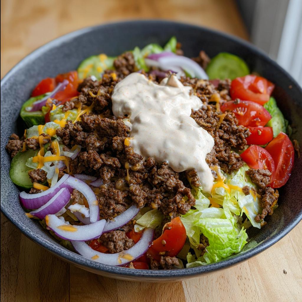 A delicious High-Protein Cheeseburger Bowl filled with seasoned ground beef, lettuce, tomatoes, cucumbers, red onion, and shredded cheese, topped with a creamy sauce.