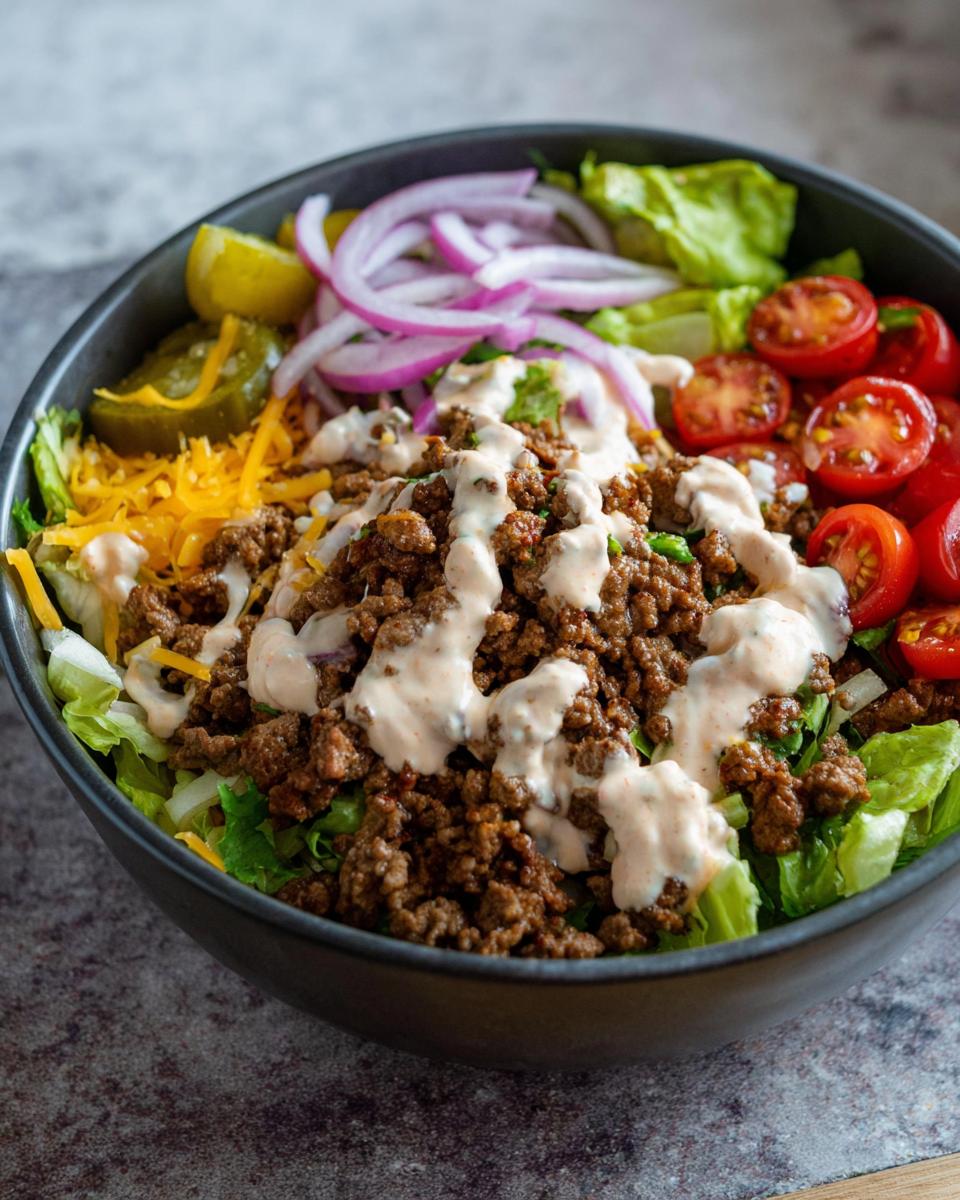 A delicious High-Protein Cheeseburger Bowl with seasoned ground beef, lettuce, tomatoes, onions, pickles, and cheese.