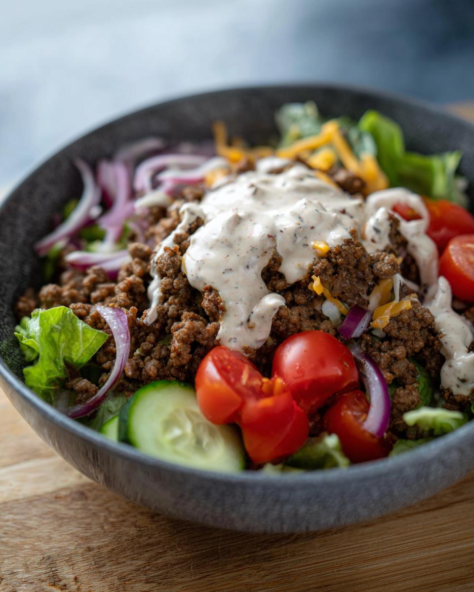 A delicious High-Protein Cheeseburger Bowl with seasoned ground beef, lettuce, tomatoes, onions, cucumber, cheese, and a creamy dressing.