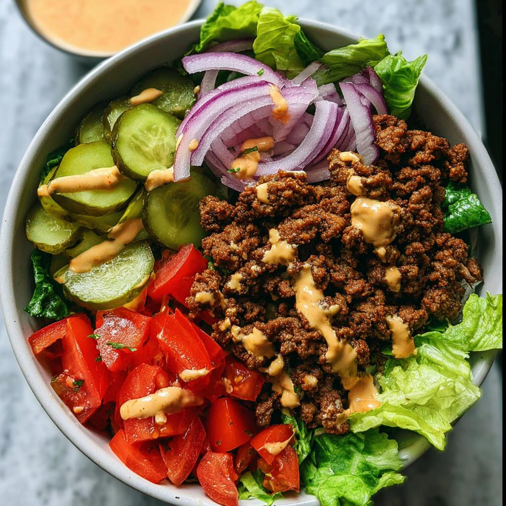 A vibrant High-Protein Cheeseburger Bowl filled with seasoned ground beef, crisp lettuce, diced tomatoes, pickles, and red onion, drizzled with sauce.