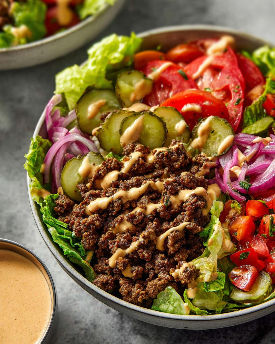 A delicious High-Protein Cheeseburger Bowl with seasoned ground beef, lettuce, tomatoes, pickles, red onion, and a creamy dressing.