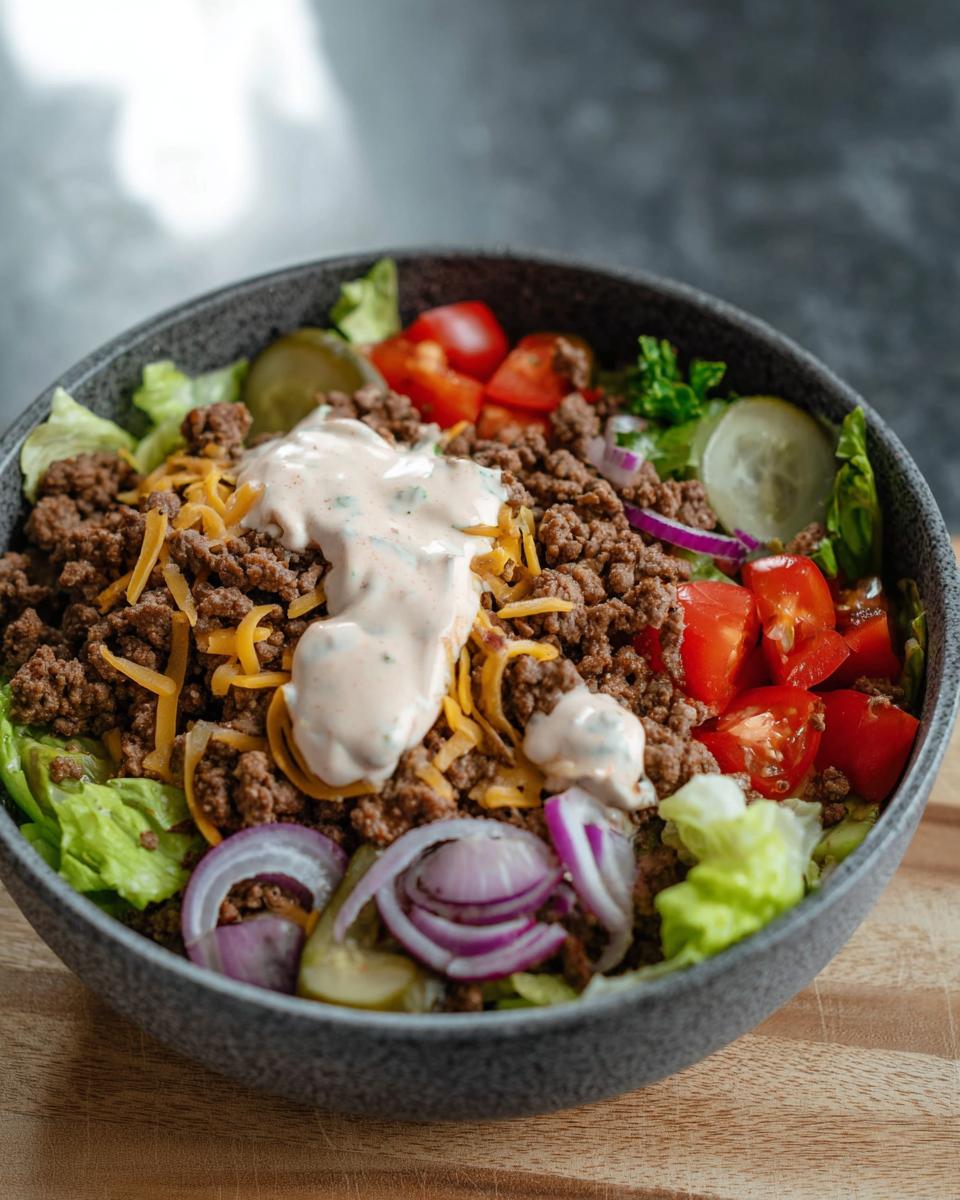 A close-up of a High-Protein Cheeseburger Bowl, featuring seasoned ground beef, shredded cheese, lettuce, tomatoes, onions, pickles, and a creamy sauce.