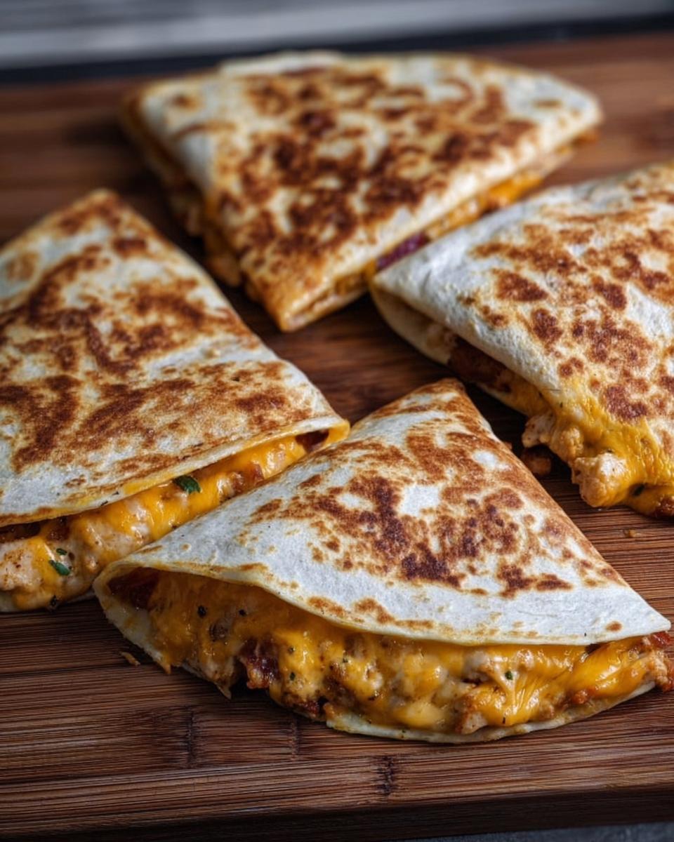 Four golden-brown slices of High-Protein Chicken Ranch Quesadilla filled with melted cheese and chicken.