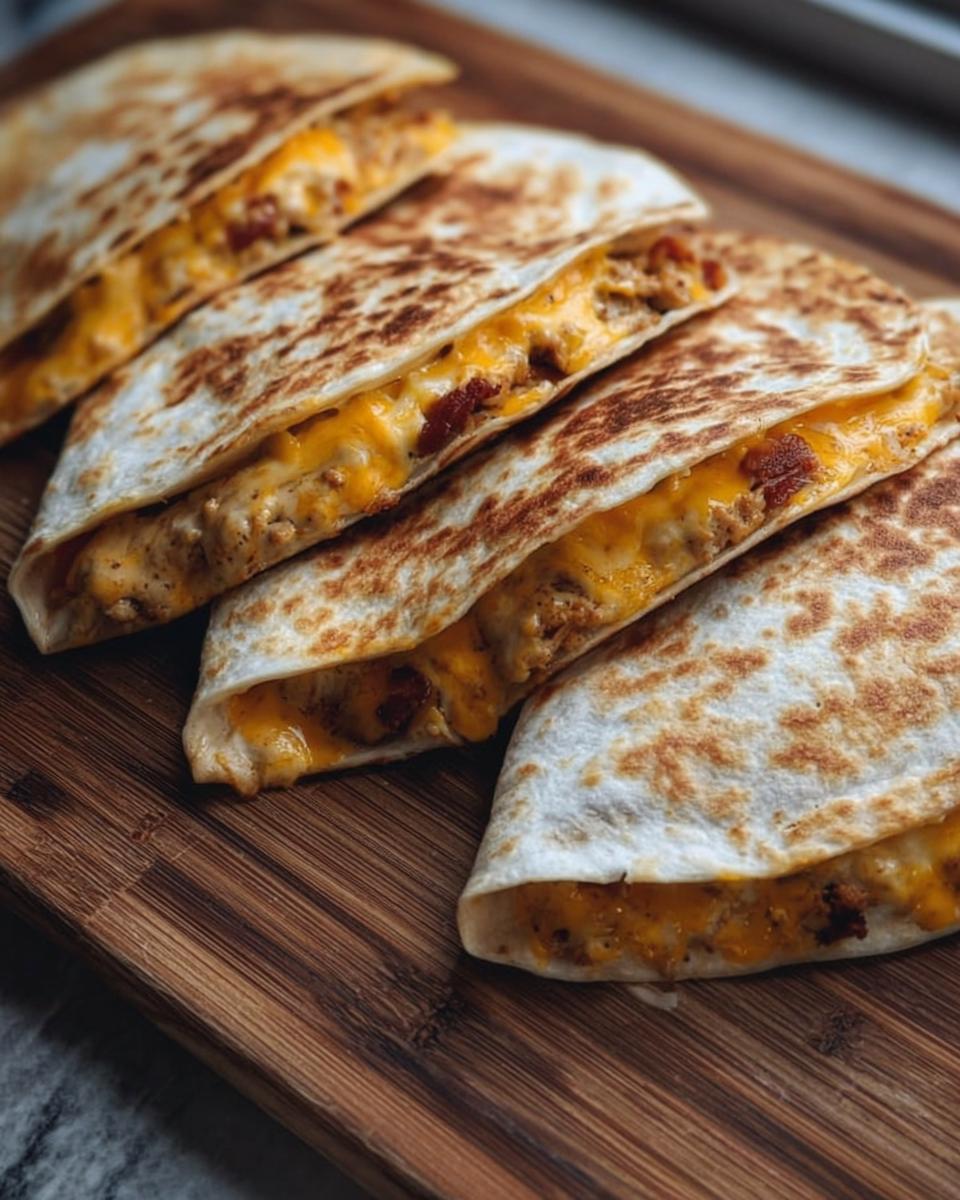 Close-up of golden-brown High-Protein Chicken Ranch Quesadilla slices filled with melted cheese and chicken.