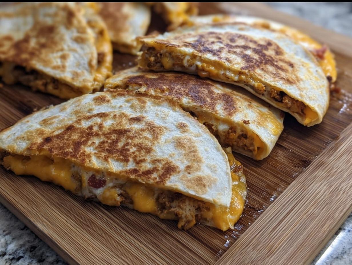 Golden brown slices of High-Protein Chicken Ranch Quesadilla filled with melted cheese and seasoned chicken.