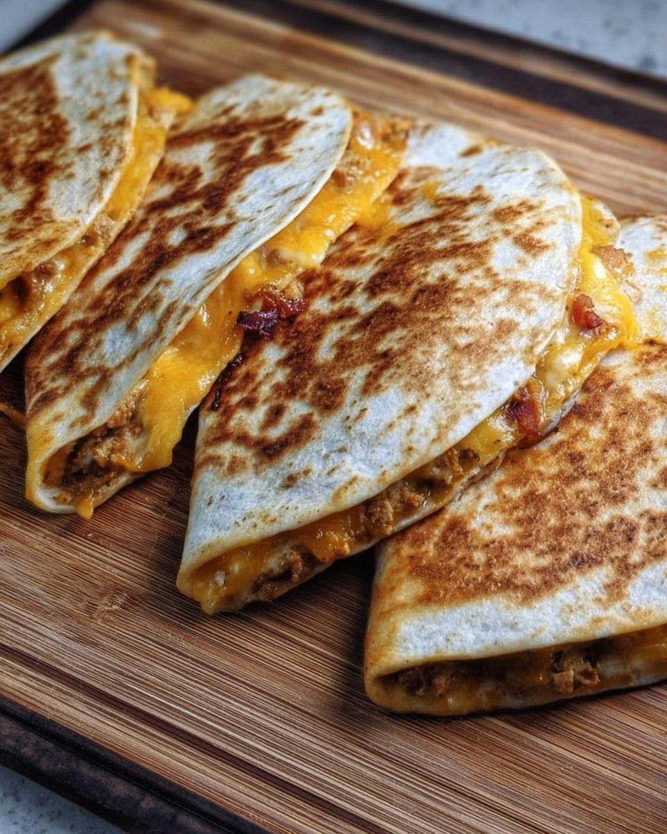 Golden brown slices of High-Protein Chicken Ranch Quesadilla filled with melted cheese and chicken.