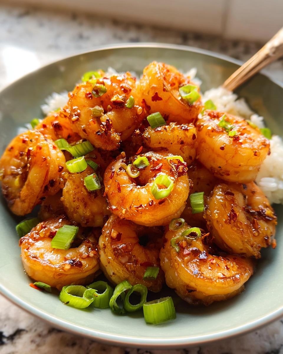 A close-up of a bowl filled with fluffy white rice and glistening High-Protein Honey Garlic Shrimp, garnished with chopped green onions and chili flakes.