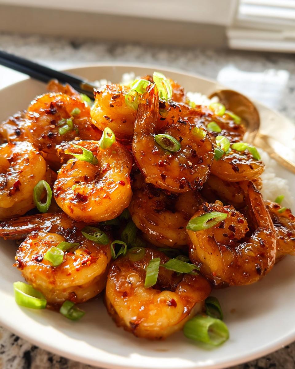 A close-up of glistening High-Protein Honey Garlic Shrimp served over white rice and garnished with chopped green onions.