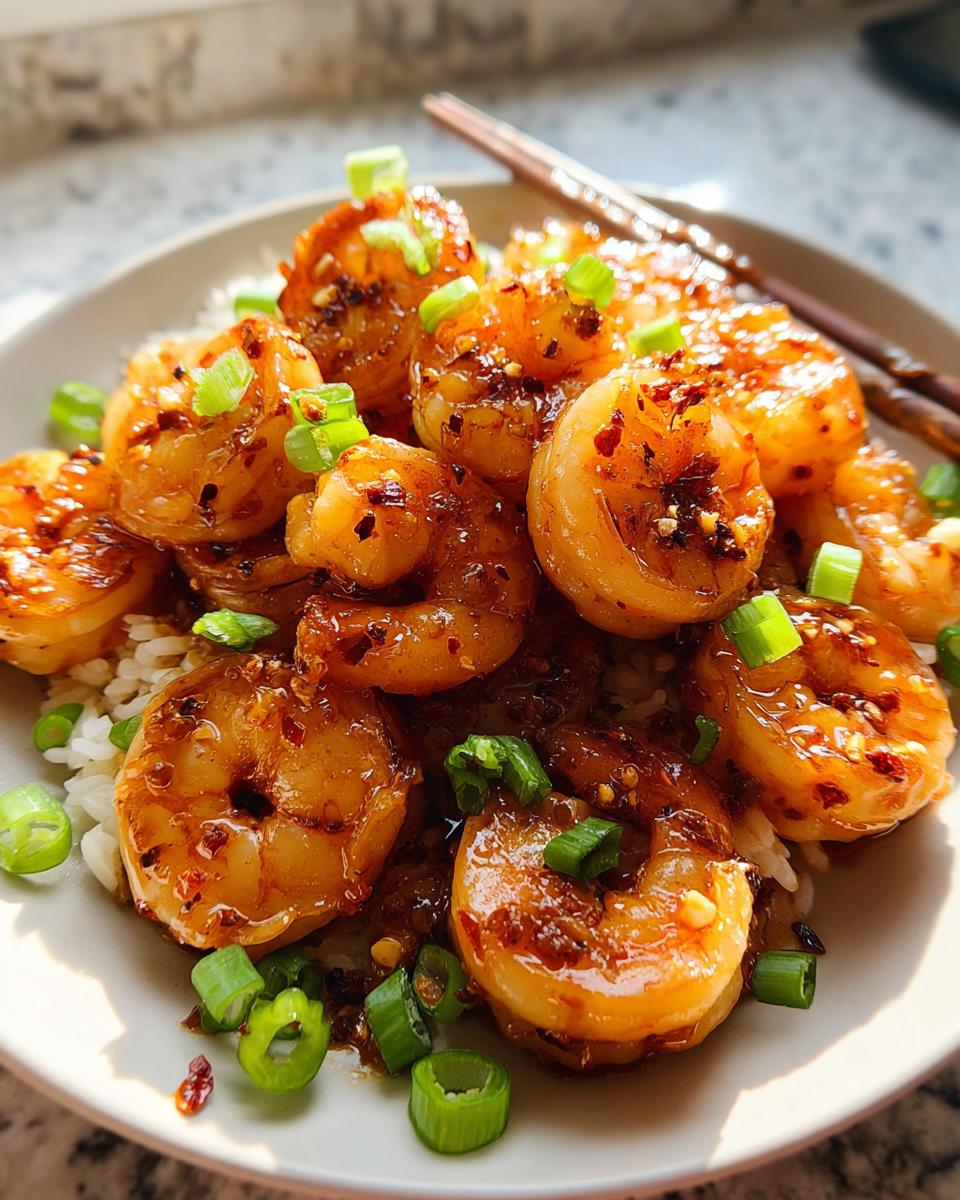A close-up of a bowl filled with fluffy white rice and glistening High-Protein Honey Garlic Shrimp, garnished with chopped green onions.