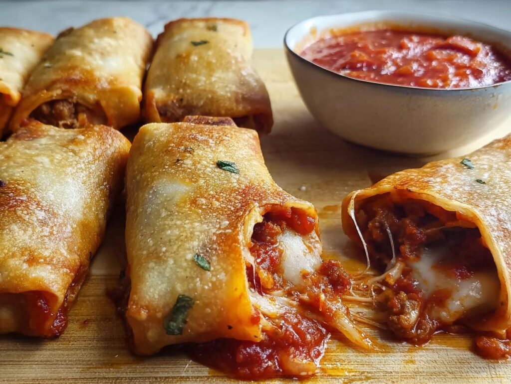 Golden brown HIGH PROTEIN Pepperoni Pizza Rolls filled with melted cheese and pepperoni, served with marinara sauce.