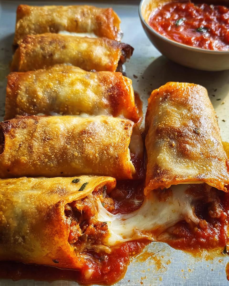 Close-up of HIGH PROTEIN Pepperoni Pizza Rolls oozing with melted cheese and served with marinara sauce.