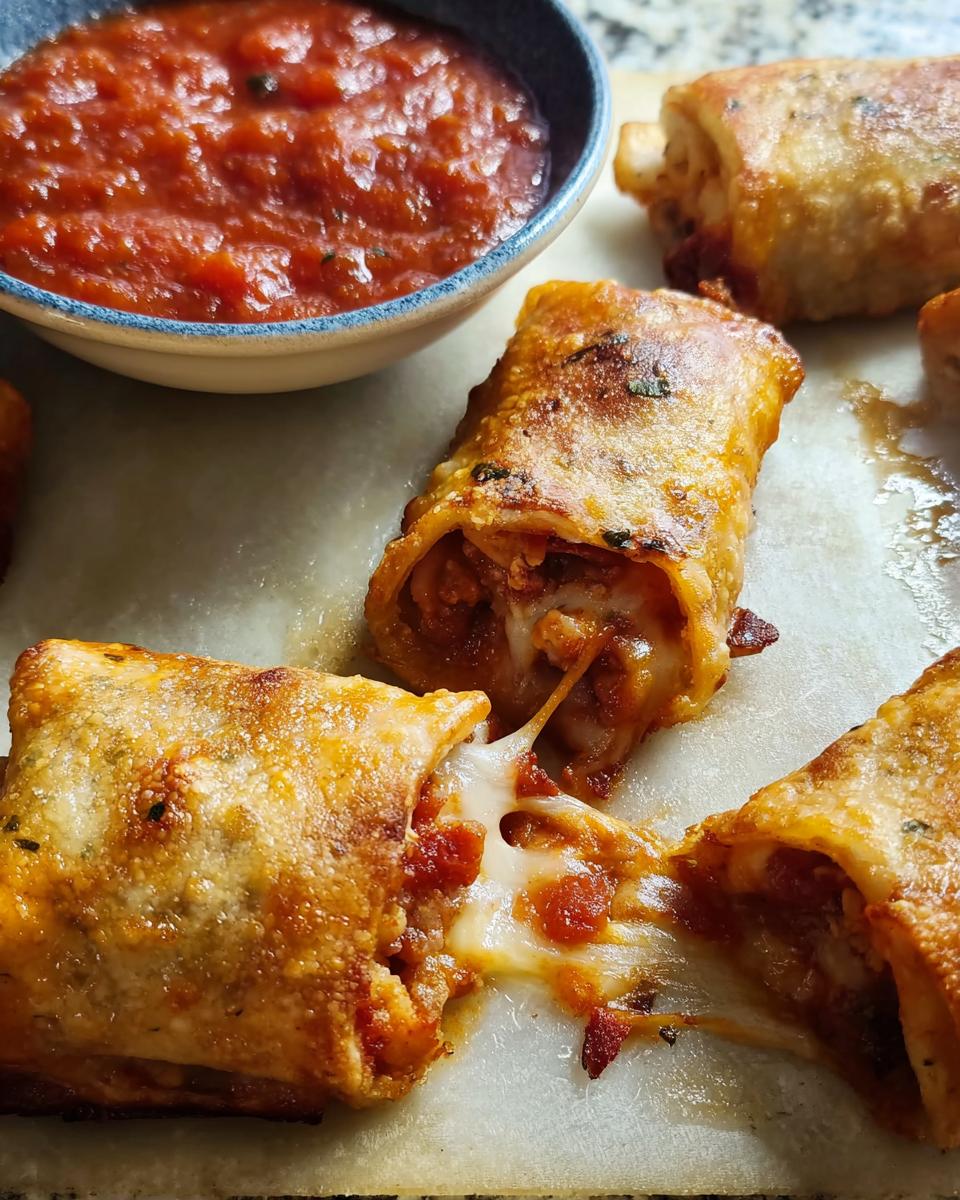 Close-up of HIGH PROTEIN Pepperoni Pizza Rolls, with gooey cheese stretching out from one roll, served with marinara sauce.