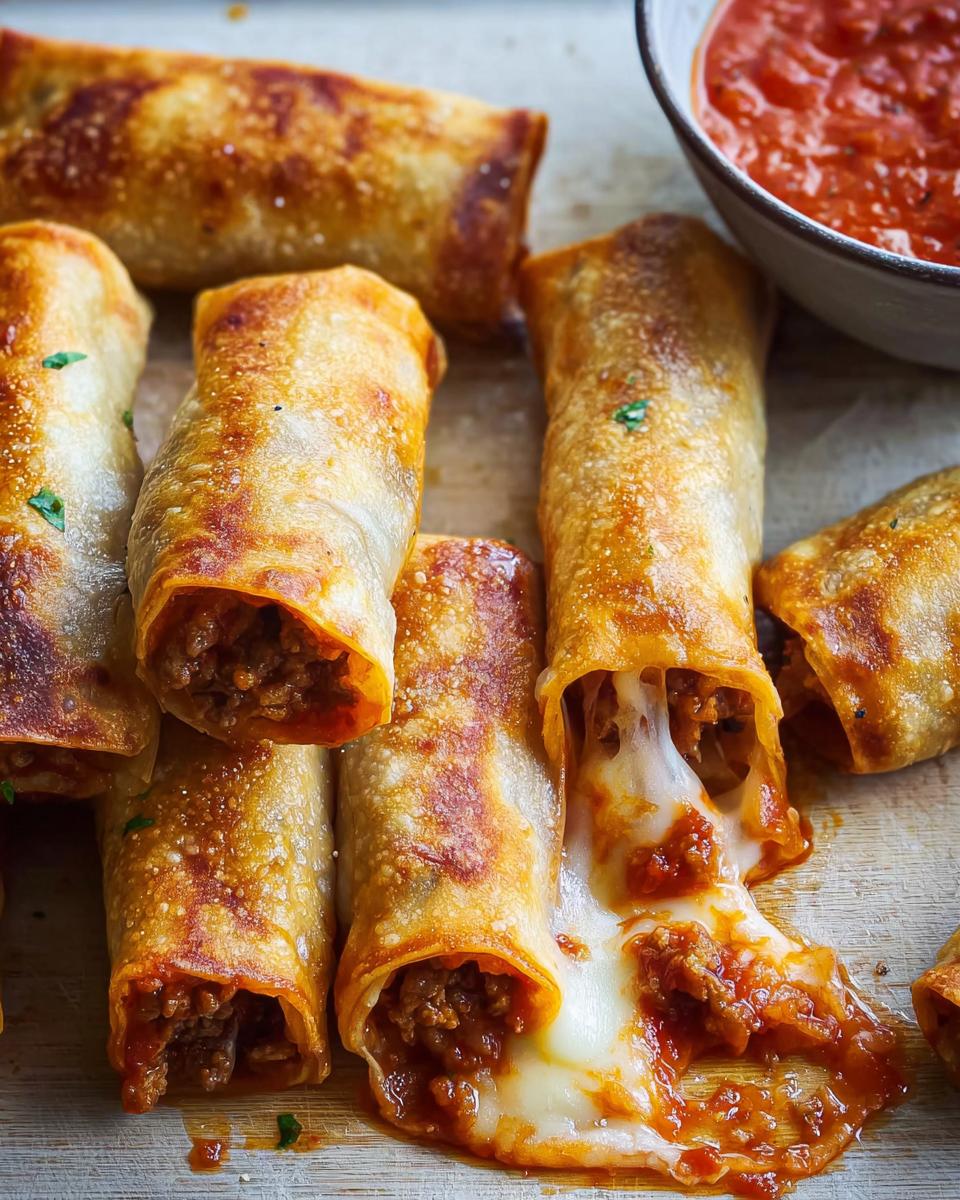 Golden brown HIGH PROTEIN Pepperoni Pizza Rolls with melted cheese oozing out, served with marinara sauce.