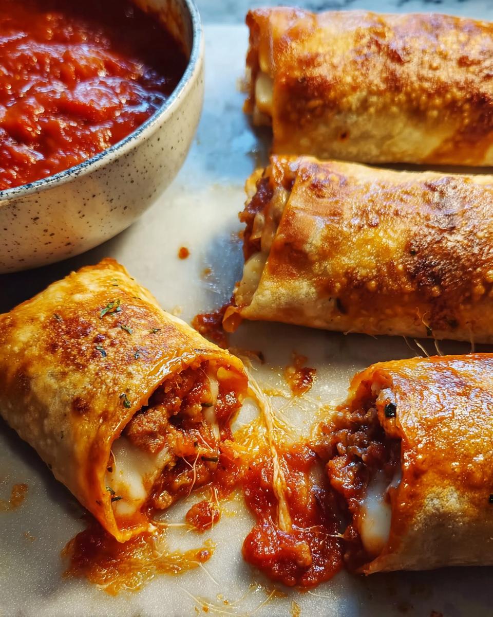 Close-up of HIGH PROTEIN Pepperoni Pizza Rolls, one split open revealing melted cheese and meat filling, next to a bowl of marinara sauce.