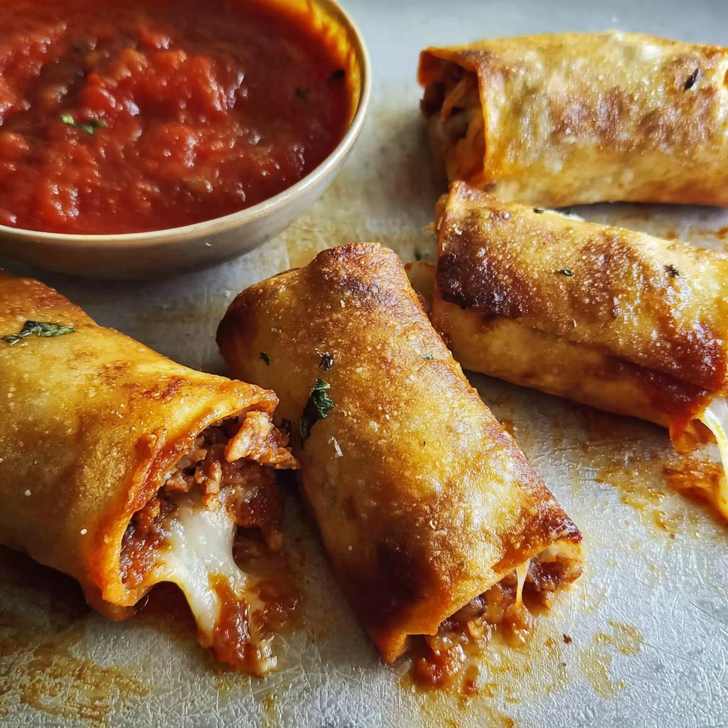 Golden brown HIGH PROTEIN Pepperoni Pizza Rolls stuffed with cheese and meat, served with a bowl of marinara sauce.