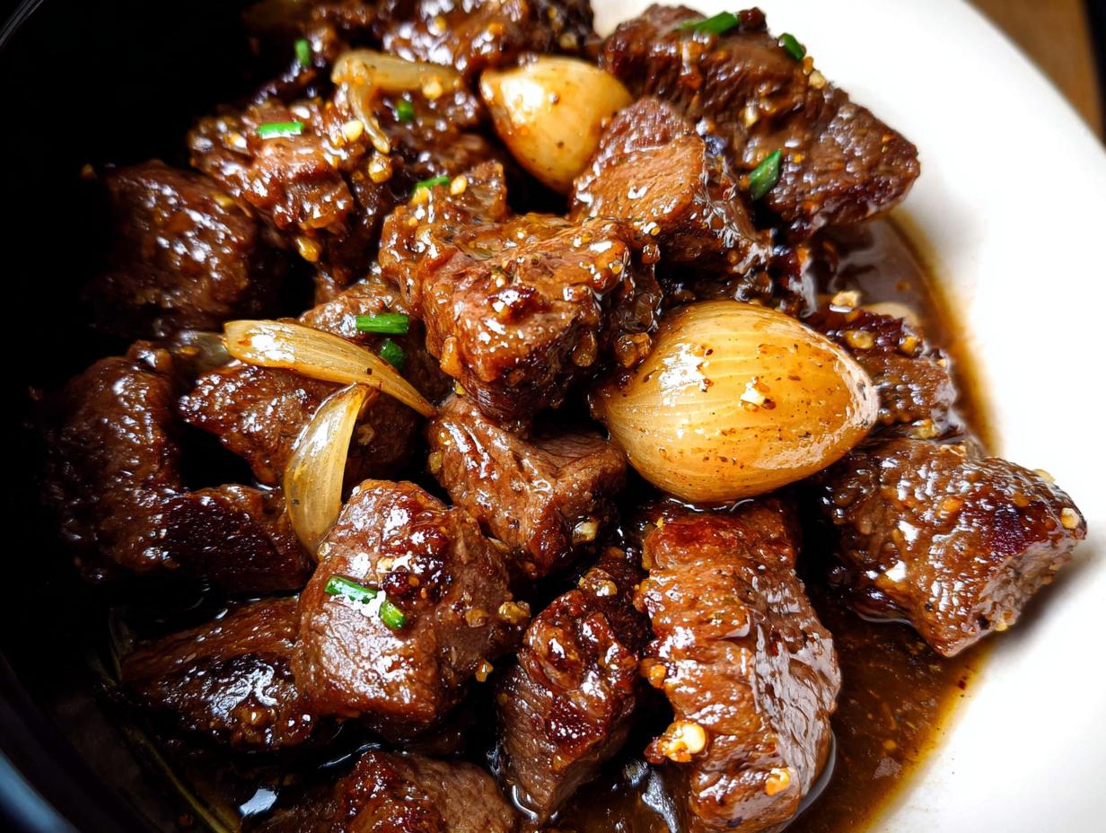 Close-up of tender High Protein Slow Cooker Garlic Butter Beef Bites with onions in a rich sauce.