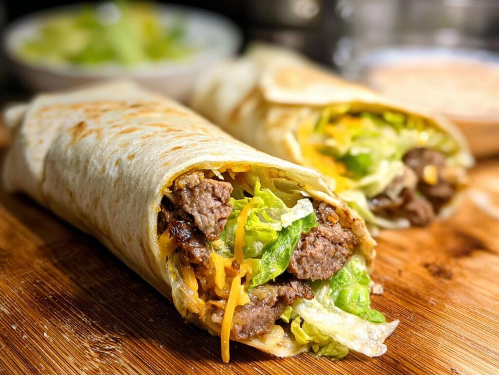 Two delicious Homemade Big Mac Wraps filled with seasoned beef, shredded lettuce, and melted cheese on a wooden board.