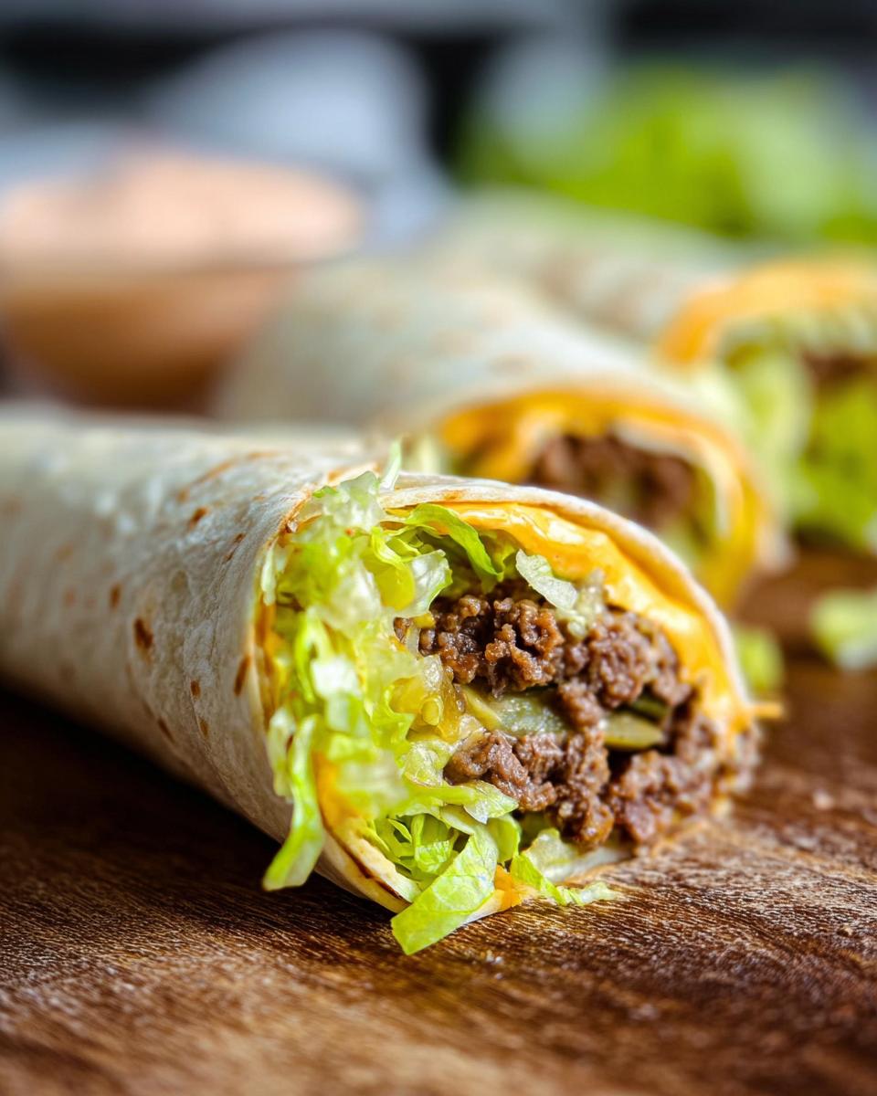 Close-up of a Homemade Big Mac Wrap filled with seasoned ground beef, shredded lettuce, and cheese.