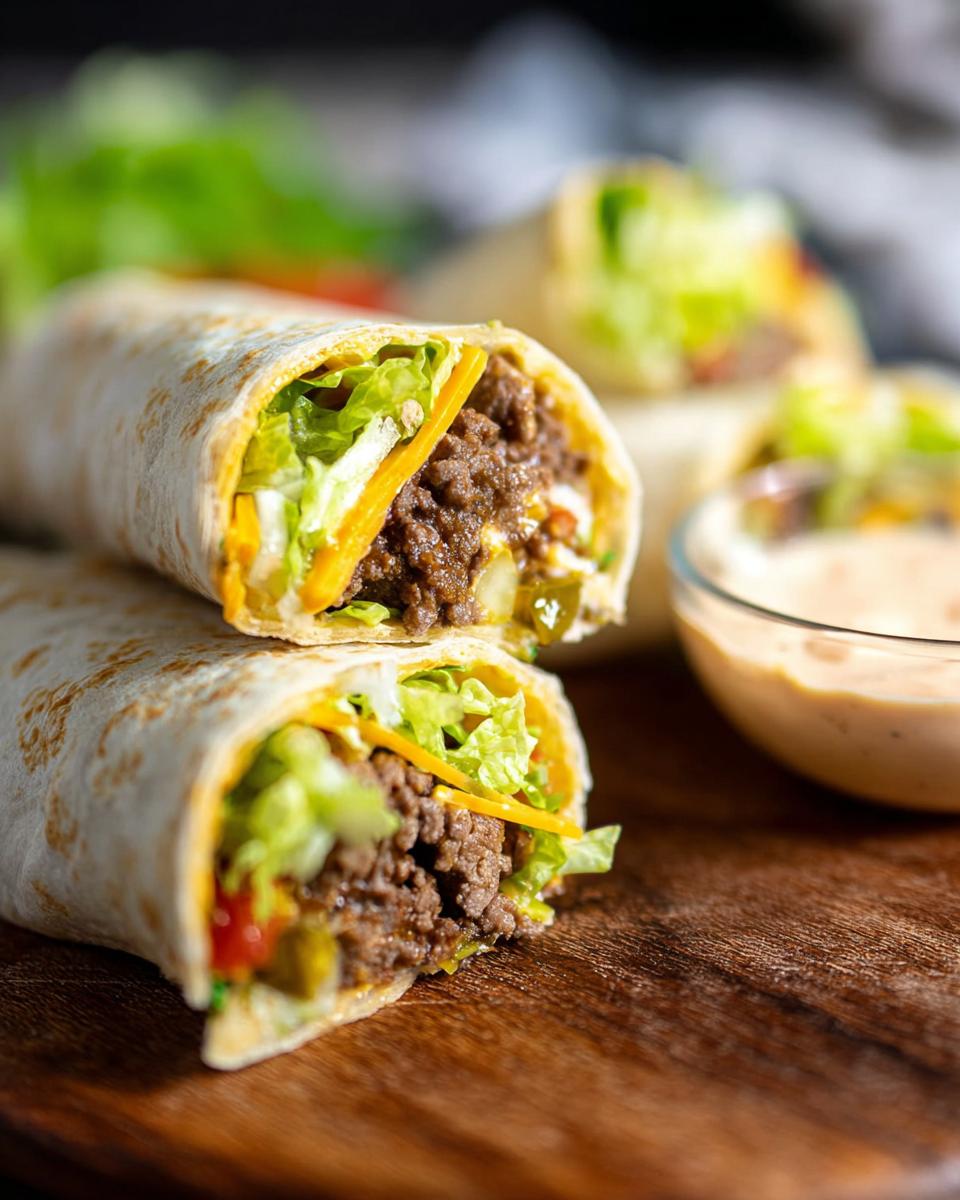 Close-up of two Homemade Big Mac Wraps filled with seasoned ground beef, shredded lettuce, cheese, and pickles, served with a side of sauce.