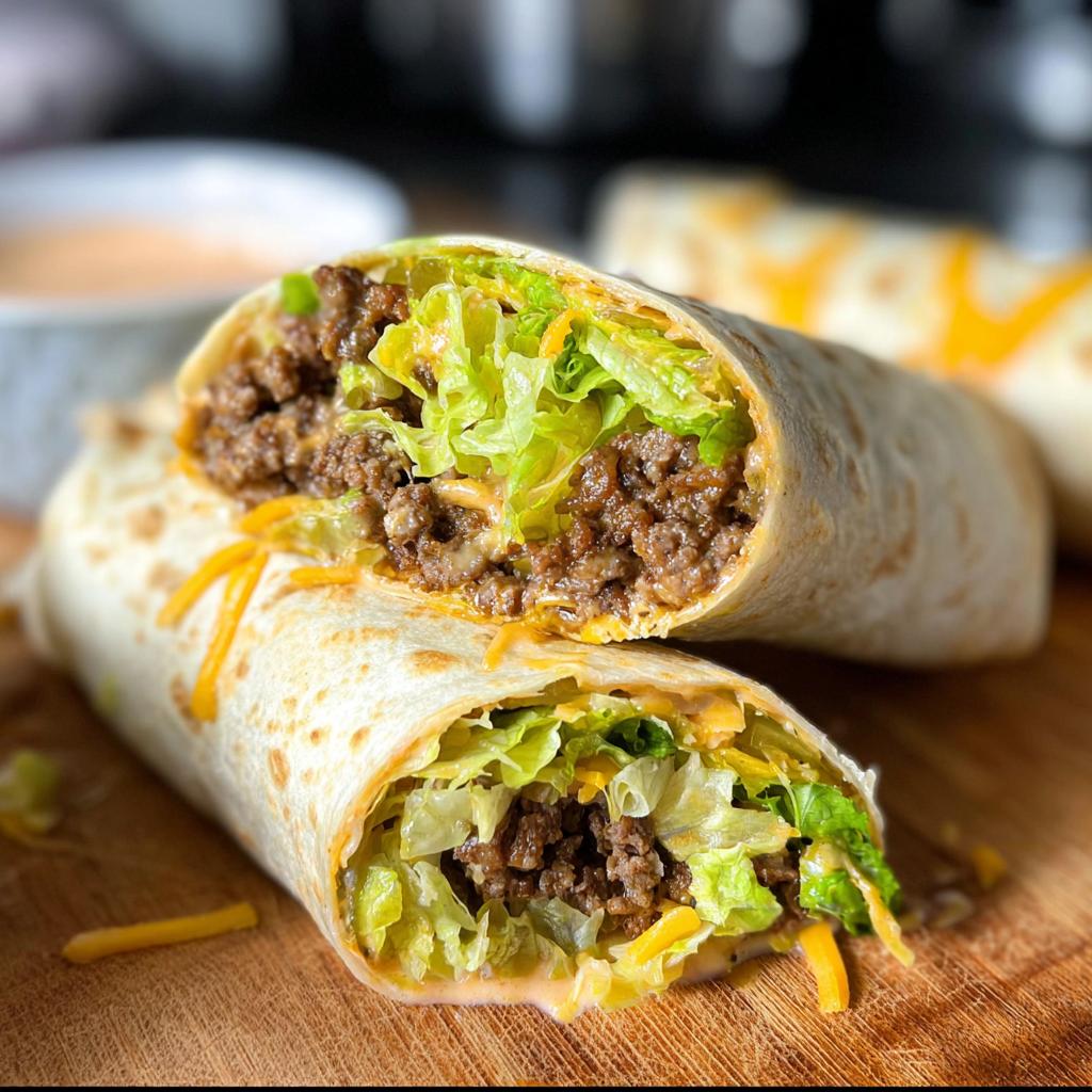A close-up of two Homemade Big Mac Wraps cut in half, revealing seasoned ground beef, shredded lettuce, and cheese.