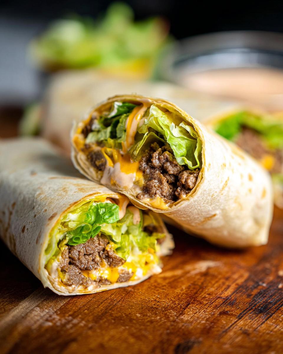 Close-up of a Homemade Big Mac Wrap cut in half, showing seasoned ground beef, shredded lettuce, melted cheese, and special sauce.