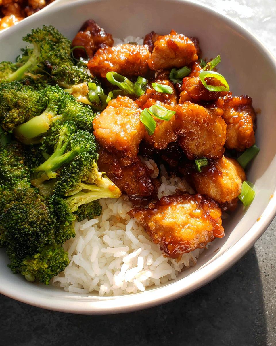 A delicious Honey Garlic Pork Rice Bowl featuring tender pork pieces, fluffy white rice, and steamed broccoli, garnished with green onions.