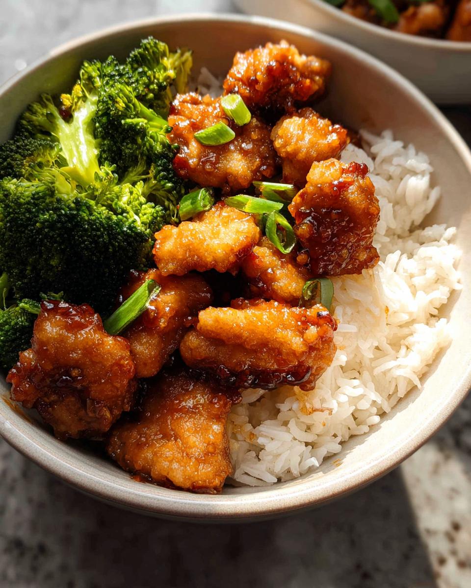 A delicious Honey Garlic Pork Rice Bowl served with steamed rice and bright green broccoli florets, garnished with green onions.