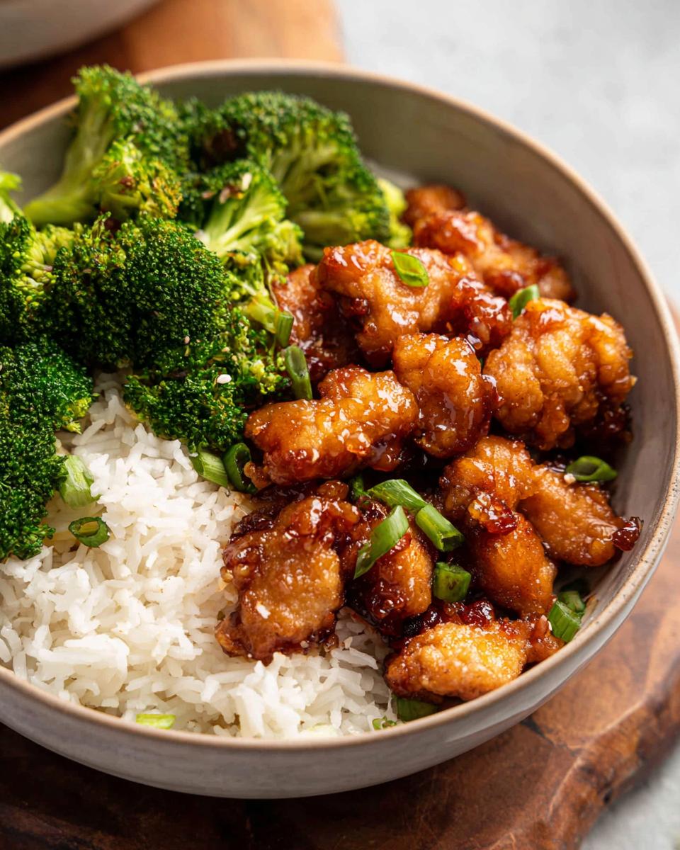 A delicious Honey Garlic Pork Rice Bowl featuring tender pork, fluffy white rice, and steamed broccoli, garnished with green onions.