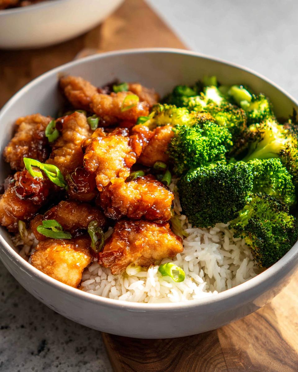 A delicious Honey Garlic Pork Rice Bowl featuring crispy pork, fluffy white rice, and steamed broccoli, garnished with green onions.