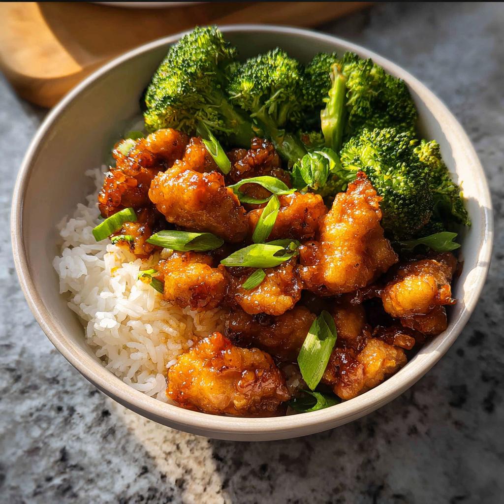 A delicious Honey Garlic Pork Rice Bowl served with steamed broccoli and garnished with green onions.