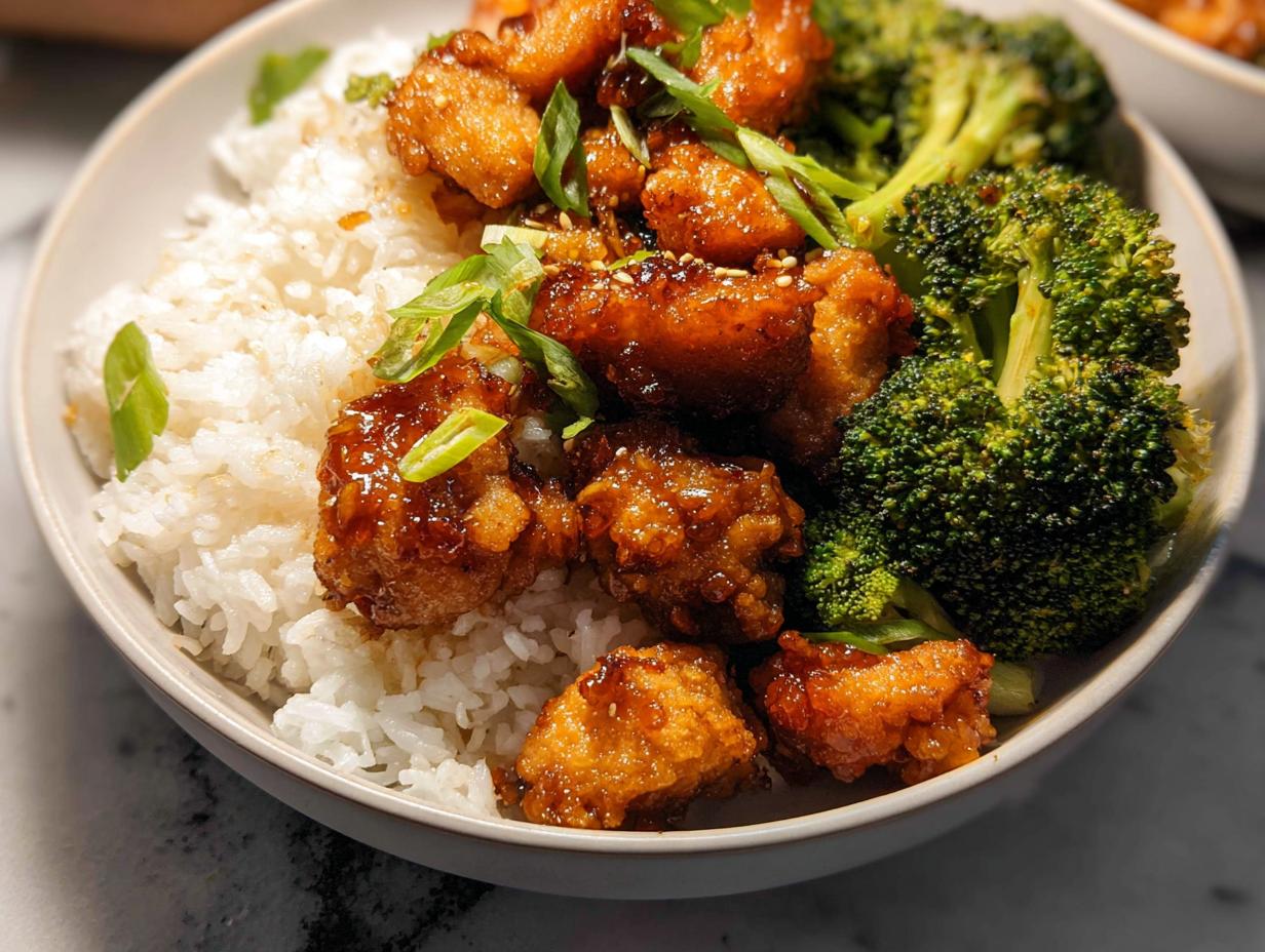 A close-up of a Honey Garlic Pork Rice Bowl with fluffy white rice, crispy glazed pork pieces, and steamed broccoli.