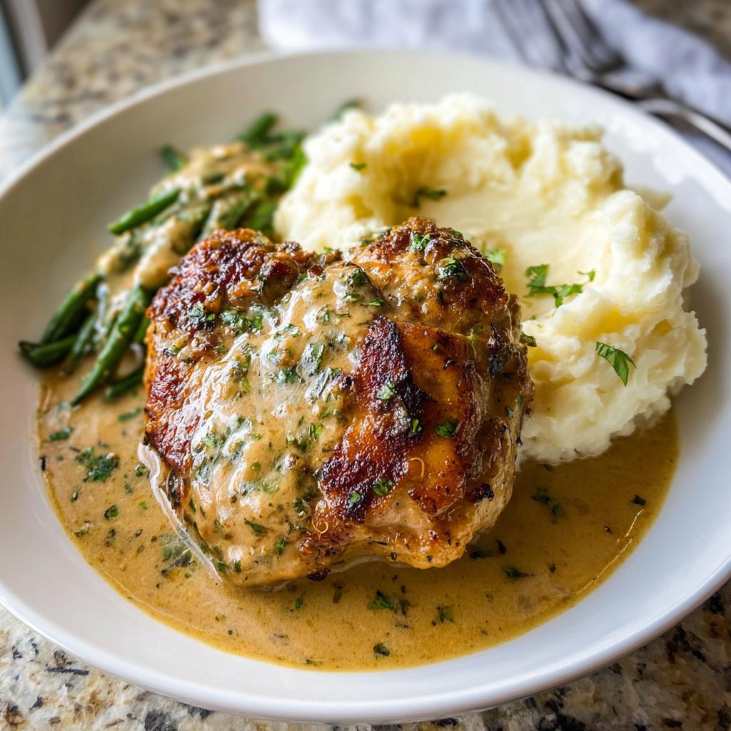 A plate of Irresistible Garlic Herb Chicken served with creamy mashed potatoes and green beans in a rich sauce.