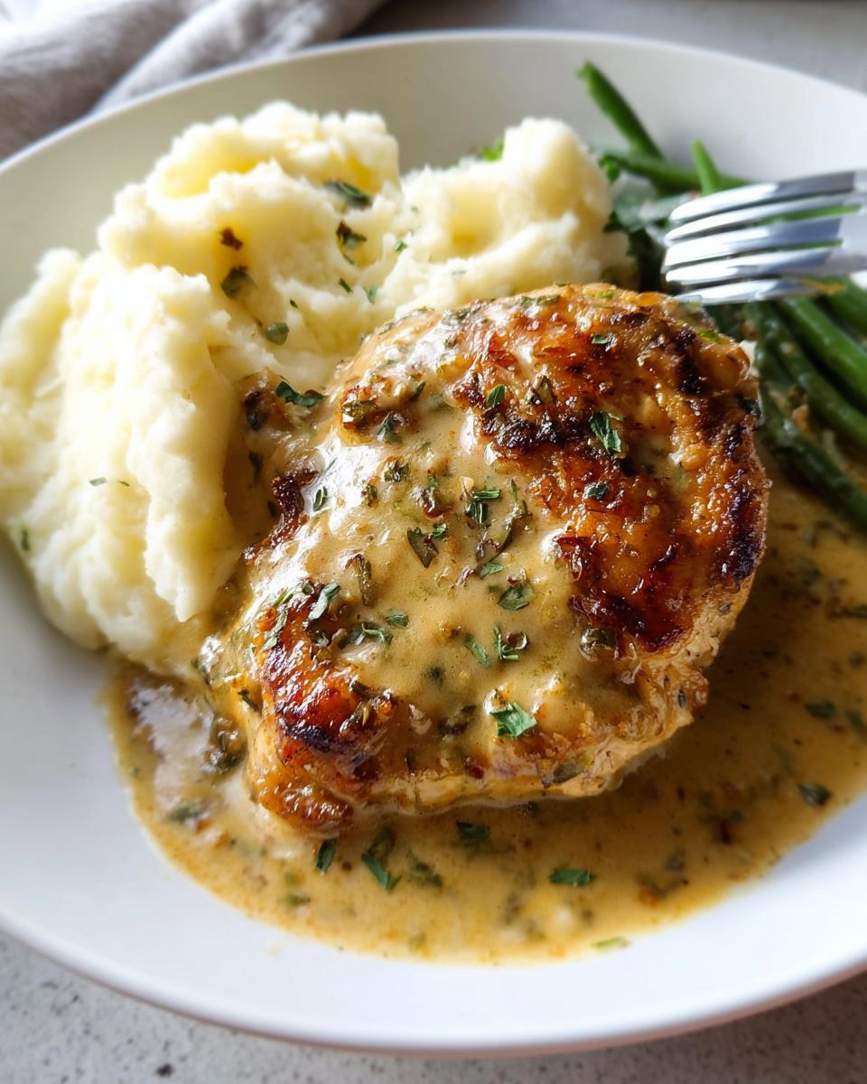 A close-up of Irresistible Garlic Herb Chicken with Creamy Mashed Potatoes and green beans, drizzled with sauce.
