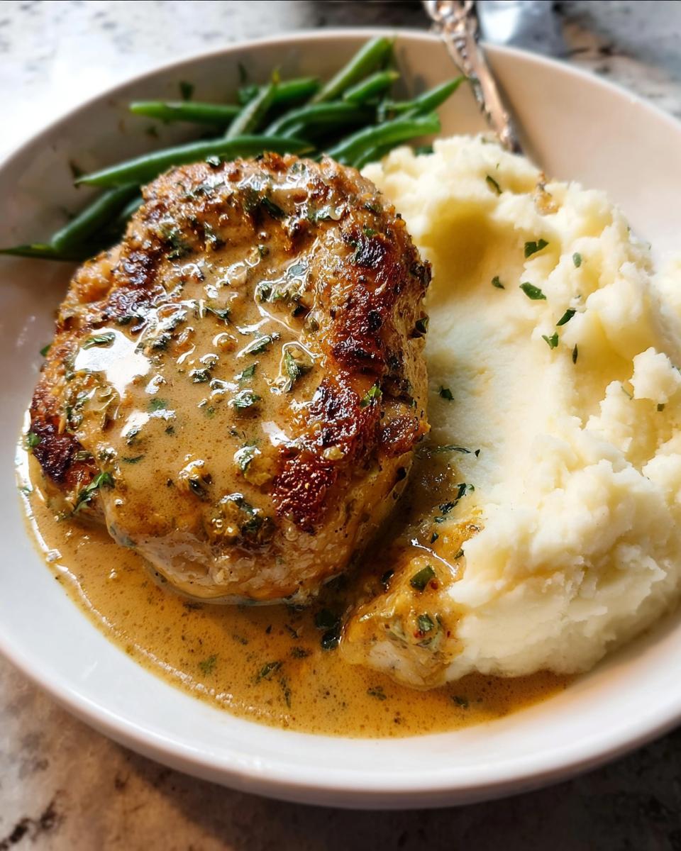 A plate of Irresistible Garlic Herb Chicken served with creamy mashed potatoes and green beans.