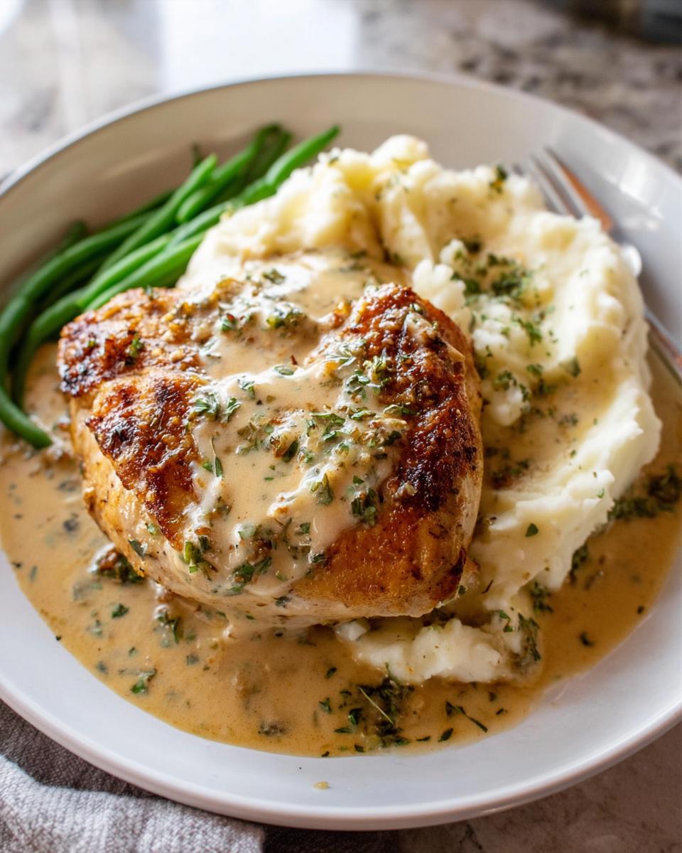 A plate of Irresistible Garlic Herb Chicken served with creamy mashed potatoes and green beans, drizzled with herb sauce.