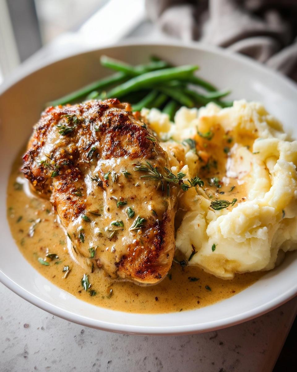 A plate of Irresistible Garlic Herb Chicken with Creamy Mashed Potatoes and green beans, covered in a rich herb sauce.