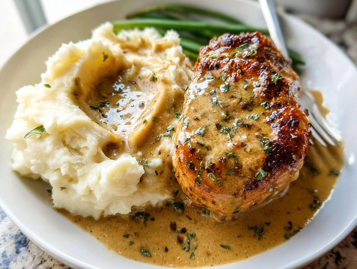 A plate of Irresistible Garlic Herb Chicken served with creamy mashed potatoes and green beans, drizzled with sauce.