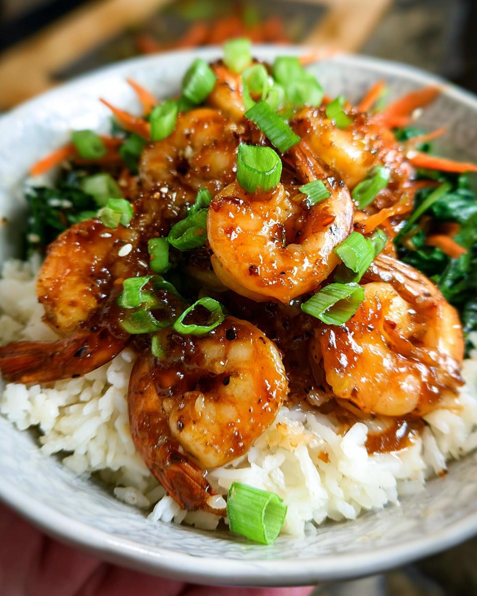 A close-up of an Irresistible Honey Garlic Shrimp Bowl, featuring glistening shrimp over rice with vegetables and green onions.