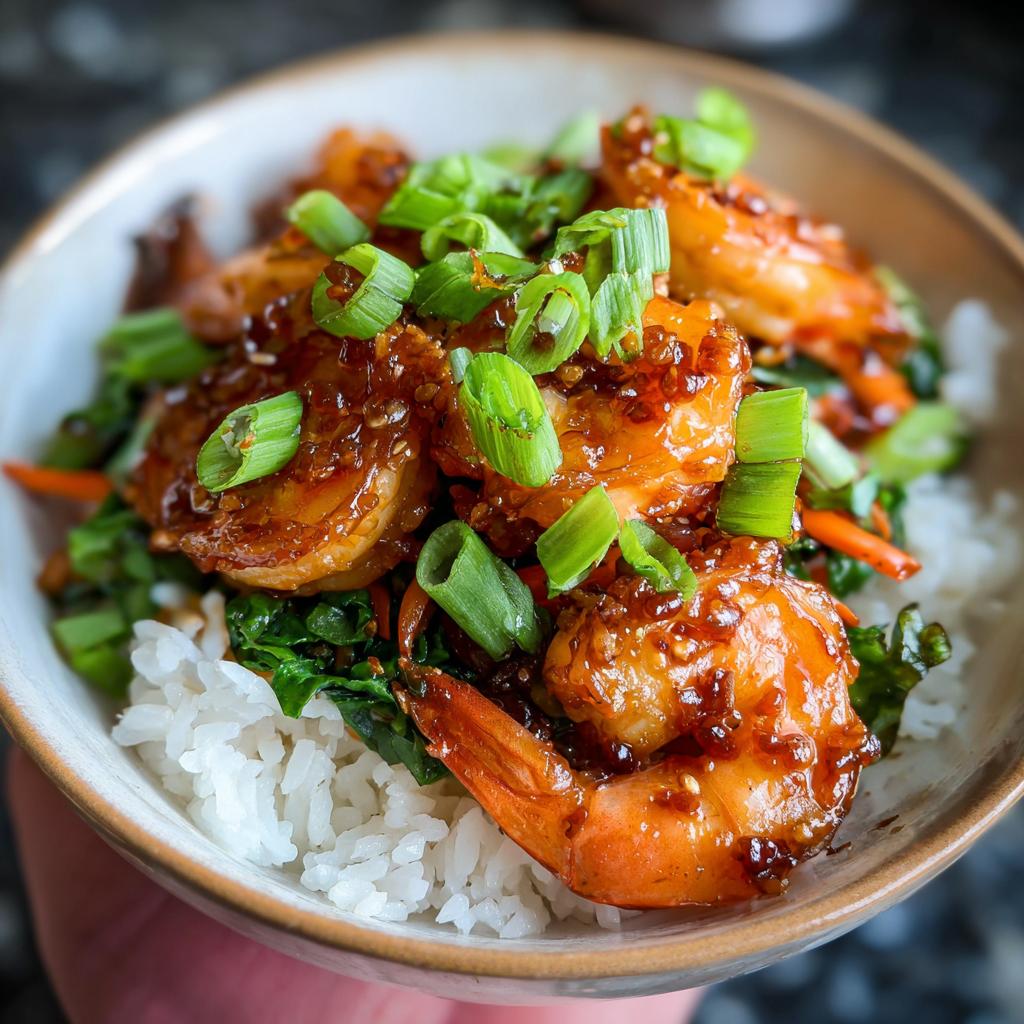 Close-up of Irresistible Honey Garlic Shrimp Bowls with rice, vegetables, and green onions.