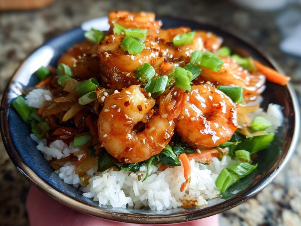 Close-up of Irresistible Honey Garlic Shrimp Bowls with rice, vegetables, and garnished with green onions and sesame seeds.