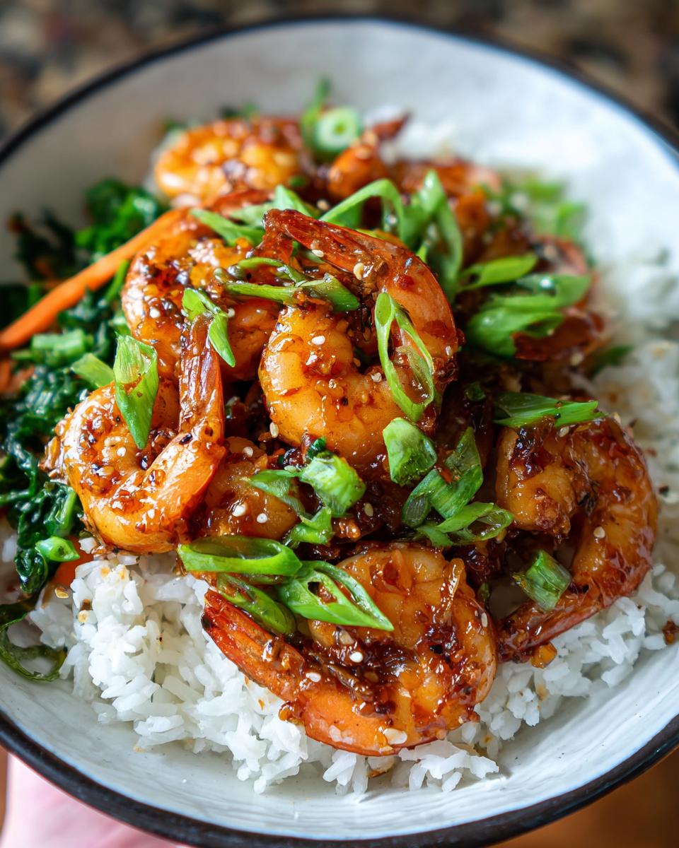 Close-up of Irresistible Honey Garlic Shrimp Bowls with fluffy white rice, vibrant green onions, and glazed shrimp.