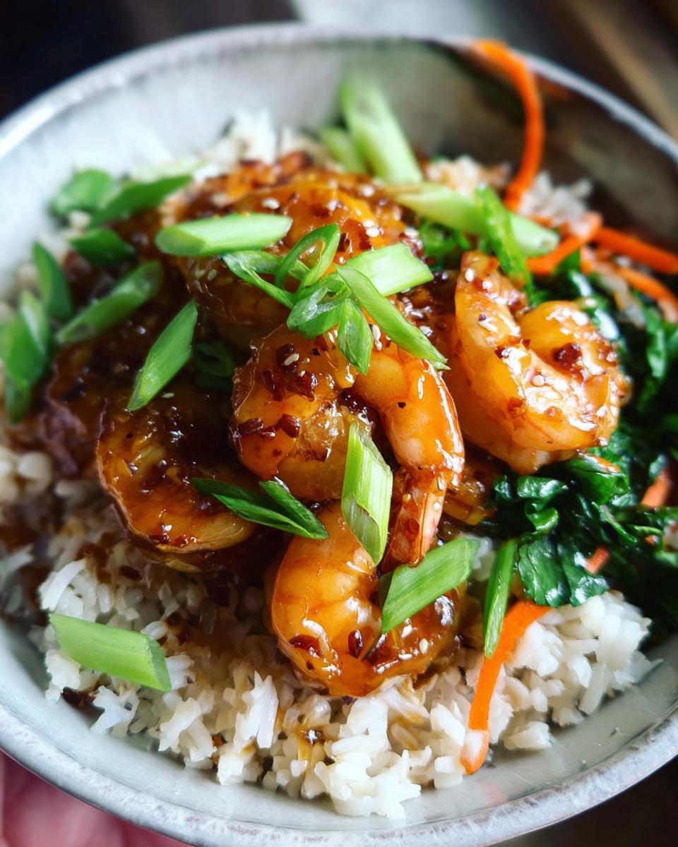 Close-up of Irresistible Honey Garlic Shrimp Bowls with rice, greens, and carrots.