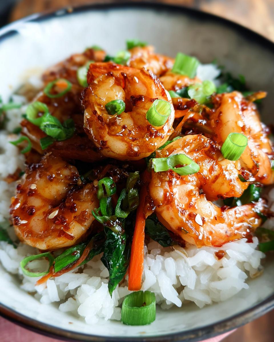 Close-up of Irresistible Honey Garlic Shrimp Bowls with rice and green onions.