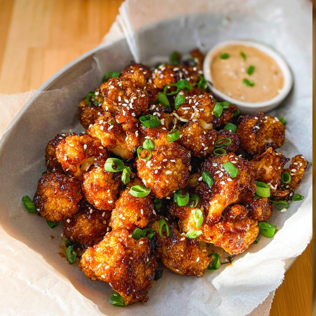 Close-up of Irresistible Sticky Honey Garlic Cauliflower florets coated in a glossy sauce, sprinkled with sesame seeds and green onions.