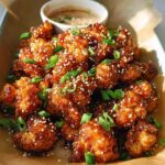A pile of Irresistible Sticky Honey Garlic Cauliflower florets, coated in a glossy sauce and sprinkled with sesame seeds and green onions.