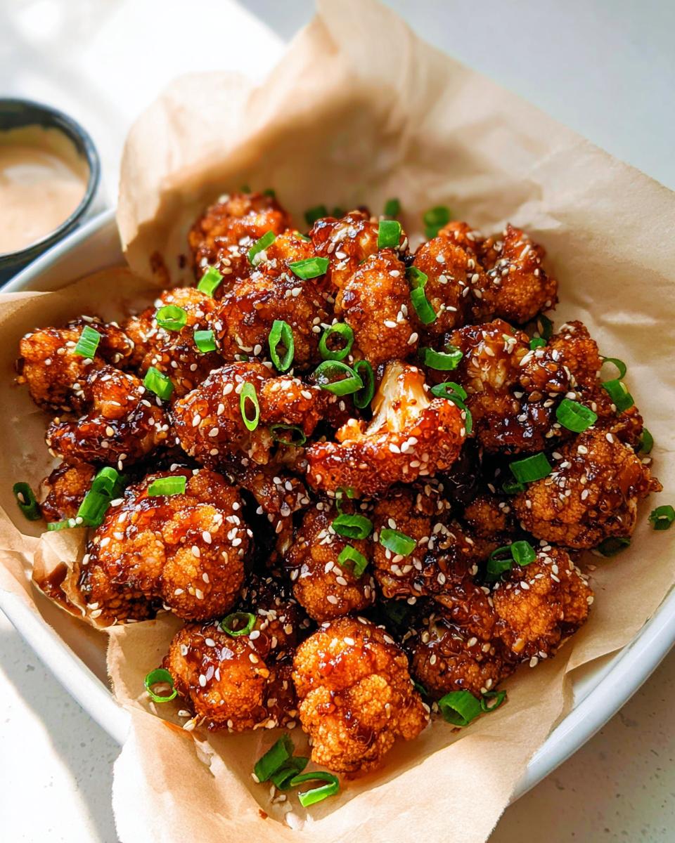 Close-up of Irresistible Sticky Honey Garlic Cauliflower Recipe, coated in a glossy sauce and sprinkled with sesame seeds and green onions.