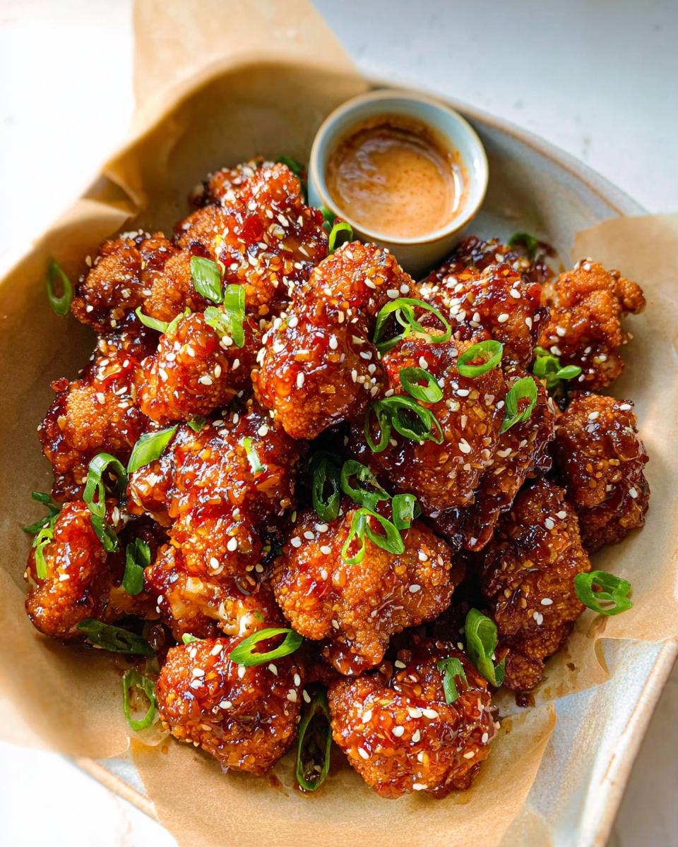 A close-up of Irresistible Sticky Honey Garlic Cauliflower bites, coated in a glossy sauce and sprinkled with sesame seeds and green onions.