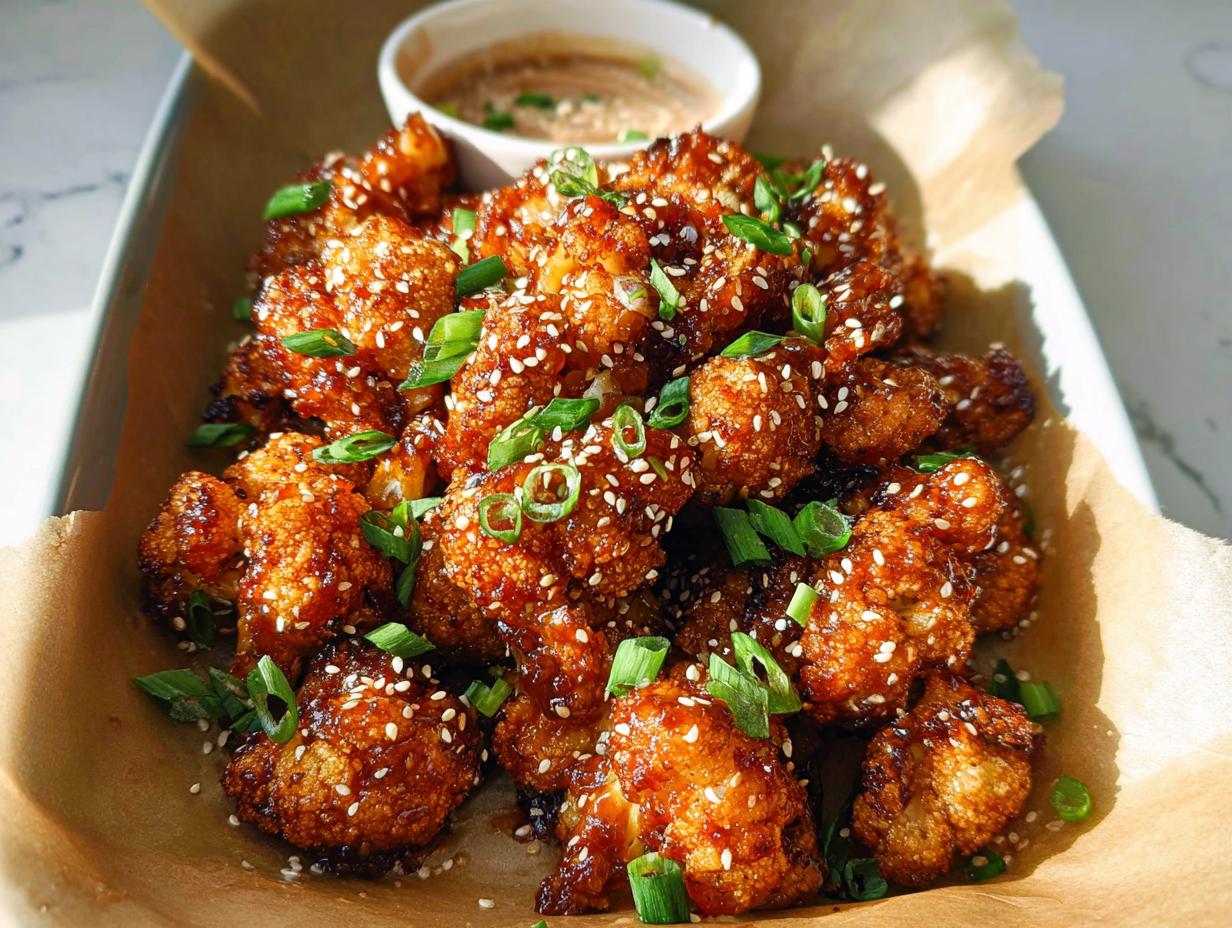 A pile of Irresistible Sticky Honey Garlic Cauliflower florets, coated in a glossy sauce and sprinkled with sesame seeds and green onions.