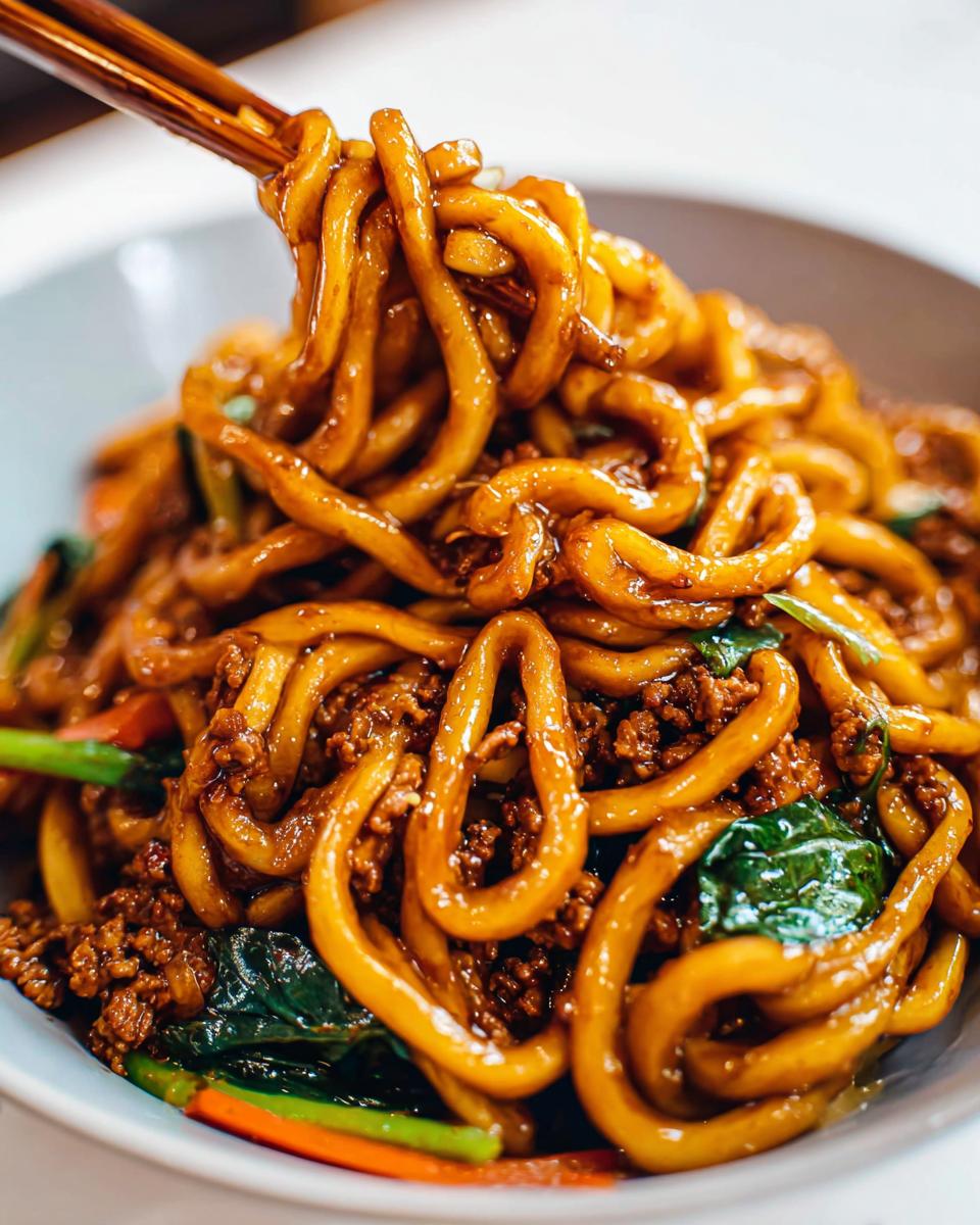 Close-up of thick, glossy noodles being lifted with chopsticks from a bowl of Irresistible Yaki Udon Noodle Recipe.