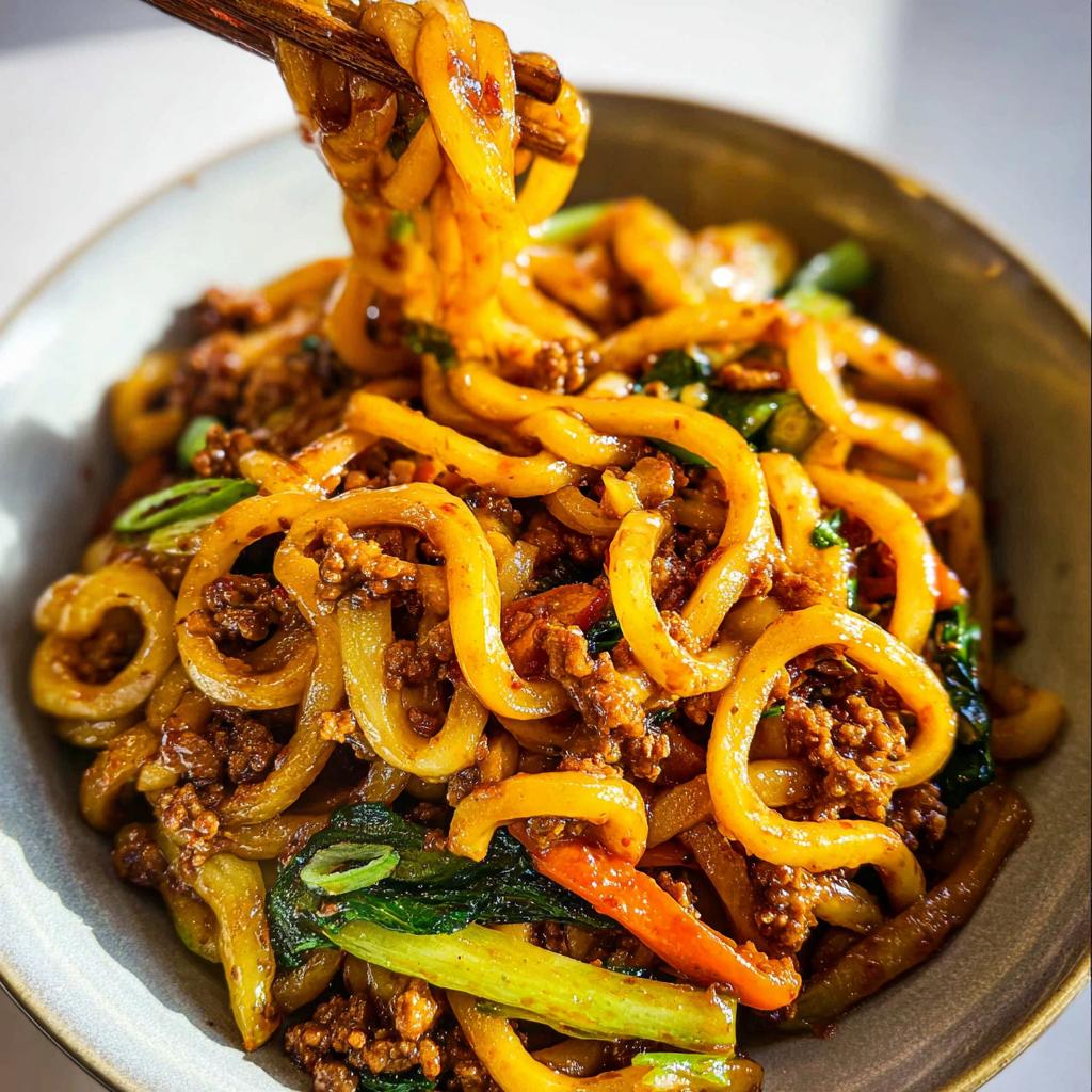 Close-up of a bowl of Irresistible Yaki Udon Noodles with ground meat and vegetables, being lifted by chopsticks.